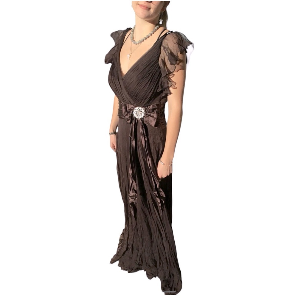 Tadashi Collection 12 Tall Brown Silk Pleated Deep V Neck Flowy Bridesmaid Dress